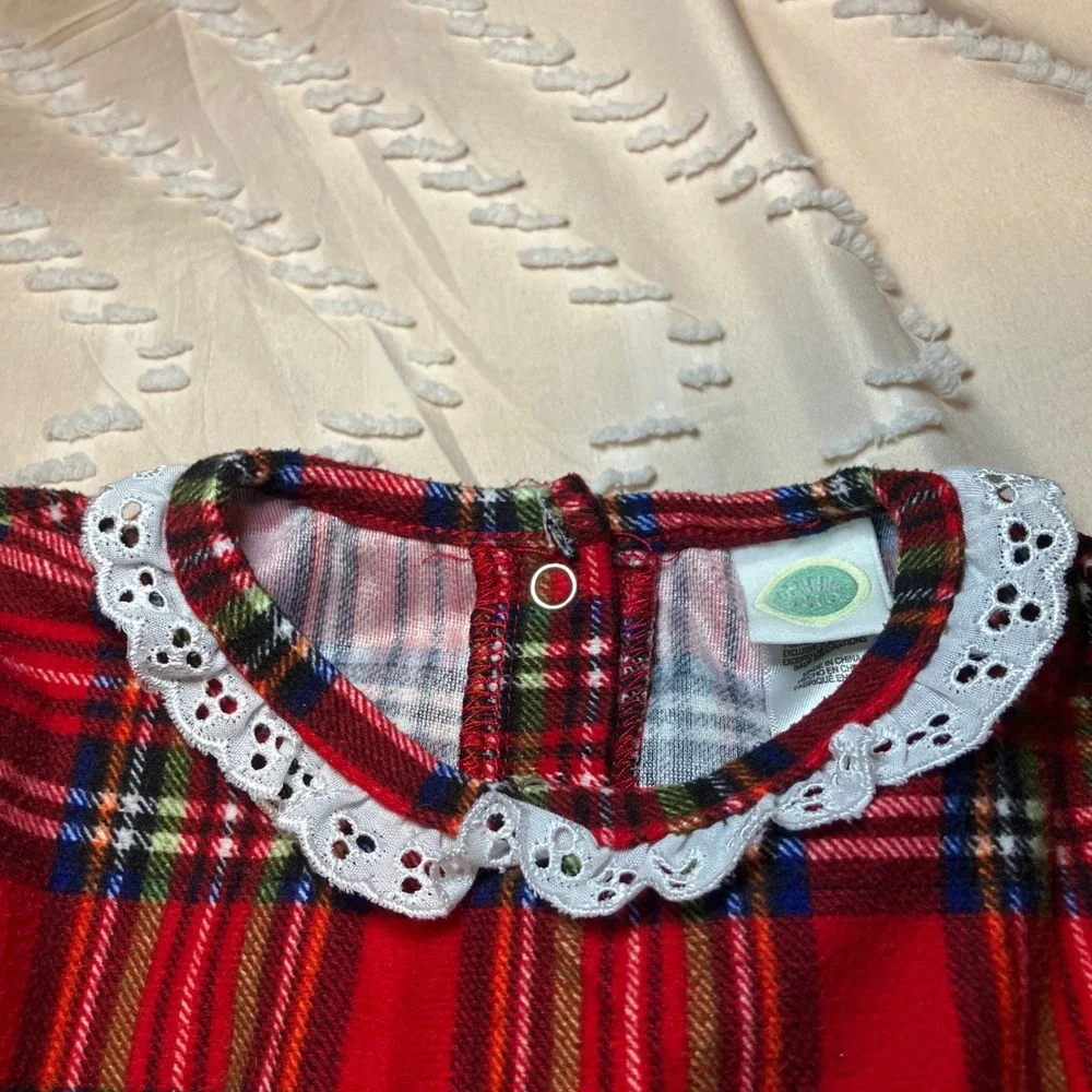 Kids Size 4T Red Plaid Nightgown Long Sleeve Lace Trim Ruffle Sleepwear